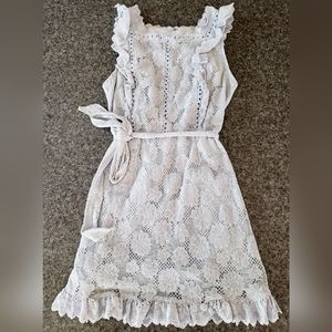 Simple Dusty Blue Lace Detail Tie Dress Medium